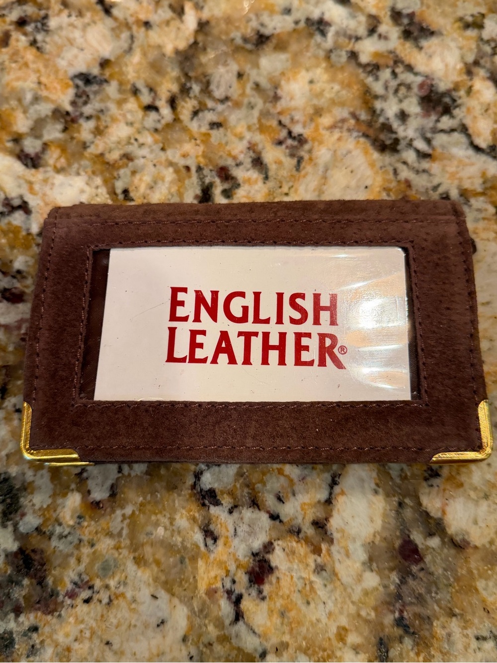 English Leather Brown Suede Card Holder with Gold Accents